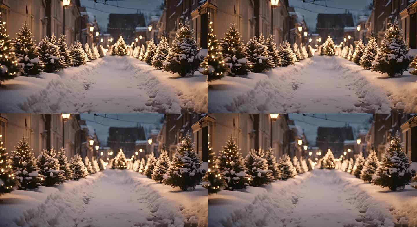 欧式城镇冬季下雪天气街道