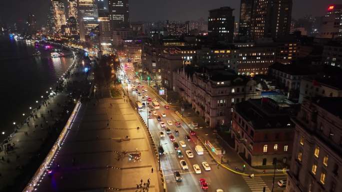 上海夜景航拍外滩南京东路黄浦区城市夜晚风