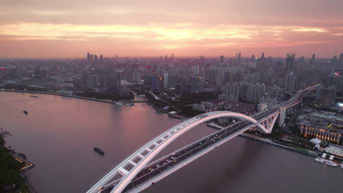 上海卢浦大桥日落晚霞夜景车流航拍长镜头