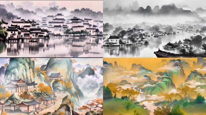 国风山水和村落山水画动画 中国风 背景