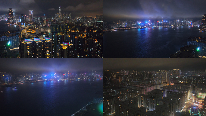 香港中环维多利亚港夜景航拍4K