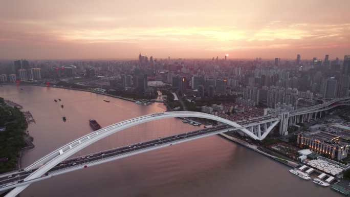 上海卢浦大桥日落晚霞夜景车流航拍长镜头