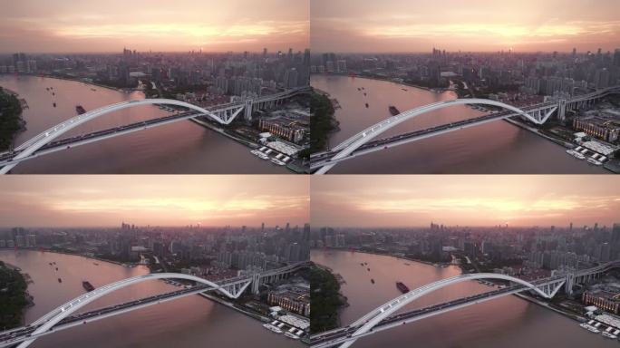 上海卢浦大桥日落晚霞夜景车流航拍长镜头
