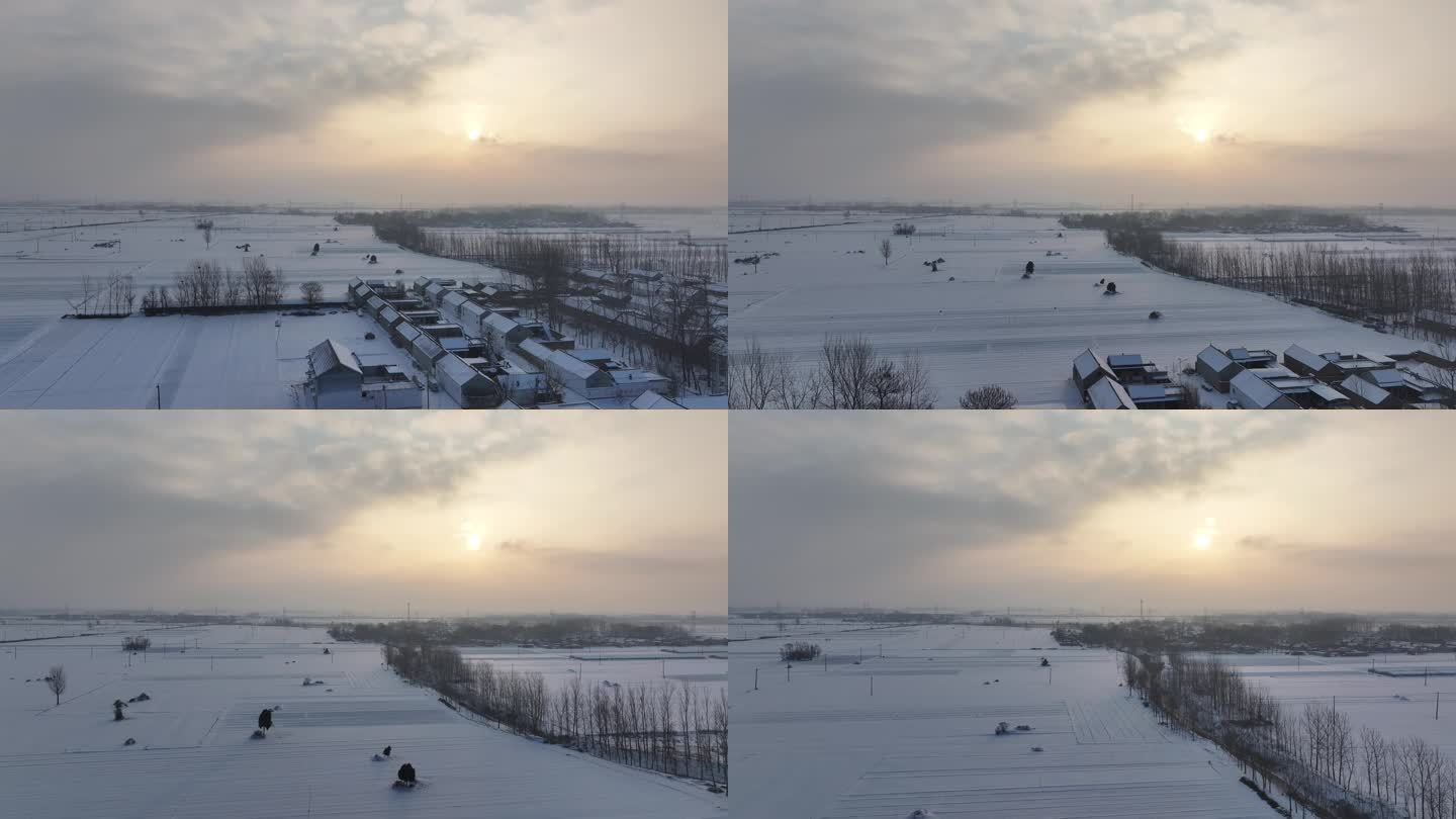 雪后太阳照耀下的村庄小河
