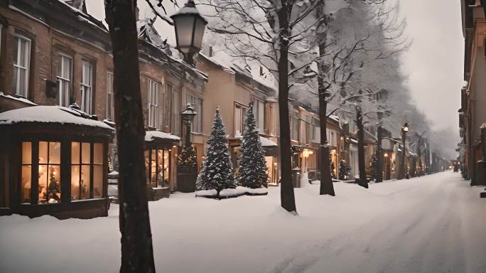 欧式城镇冬季下雪天气街道