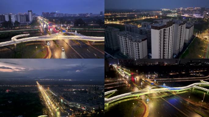 四川省彭州市城市夜景航拍素材