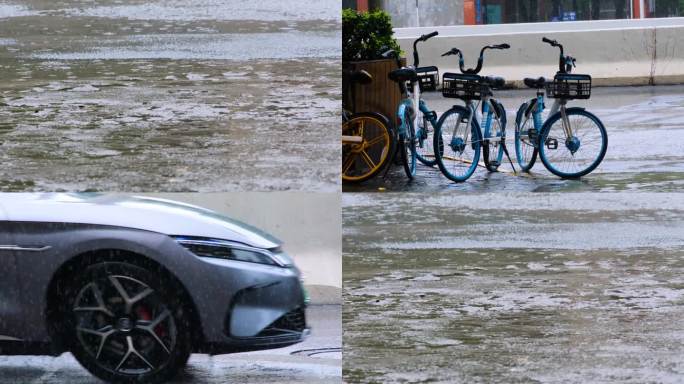 城市马路下暴雨下雨天雨水雨滴街景街道街头