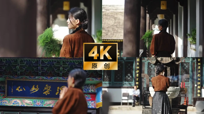 寺庙中行走的古风少女（可商用）