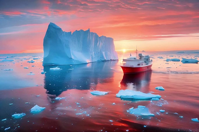 南极海域日落大大小小冰山漂浮美丽奇观风光