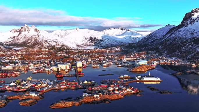 4K航拍挪威斯沃尔韦尔小镇日出风光