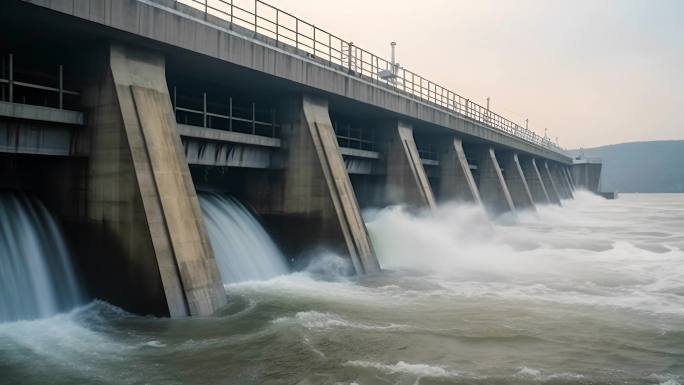 水电站水利工程水坝蓄水池泄洪开闸放水航拍