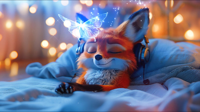 在床上听音乐的可爱狐狸动态视频