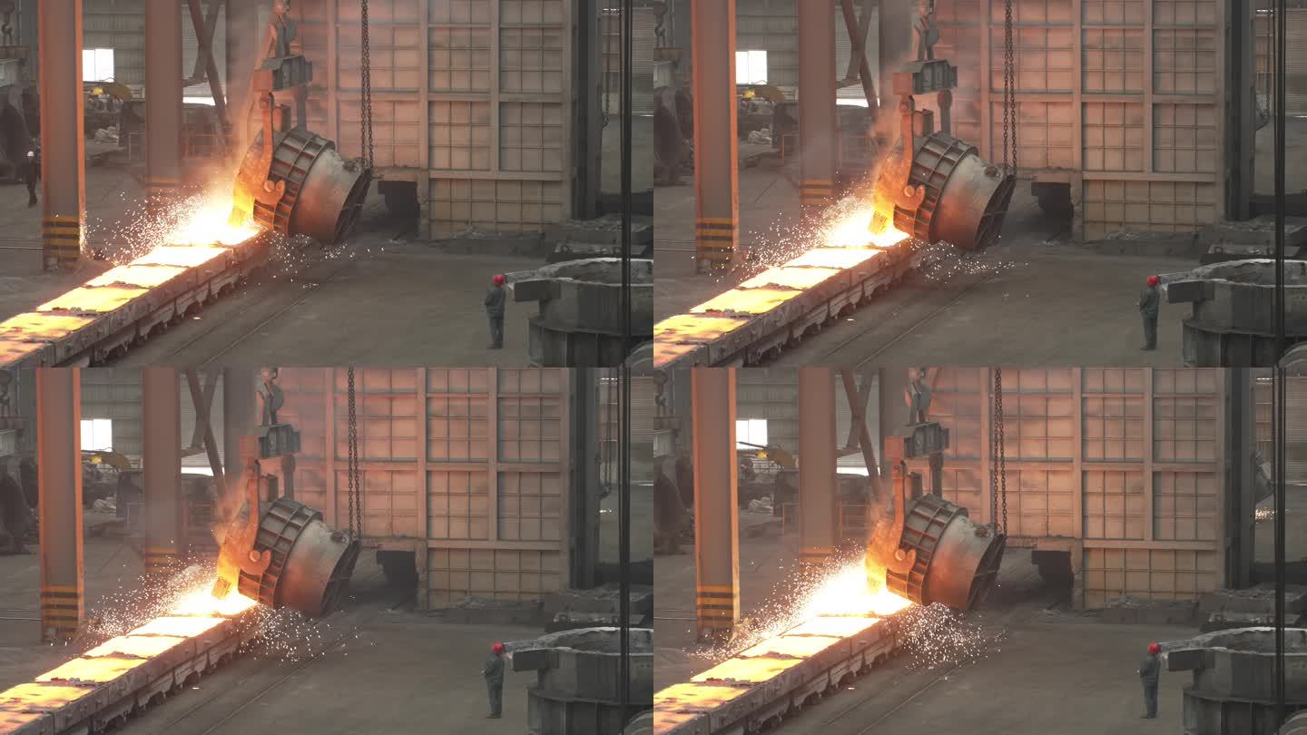 铁水流动：工厂内熔炉浇筑的实拍场景"