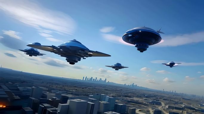 未来科技城市UFO飞行器高空飞行