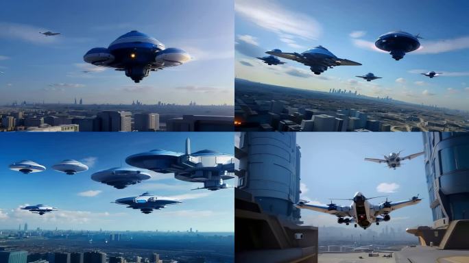 未来科技城市UFO飞行器高空飞行