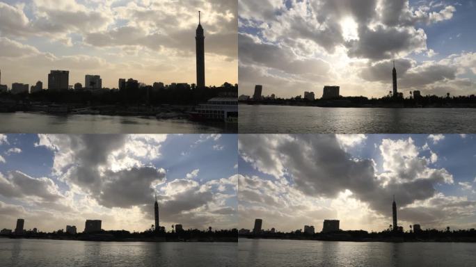 埃及 开罗 尼罗河畔 延时 剪影 游船
