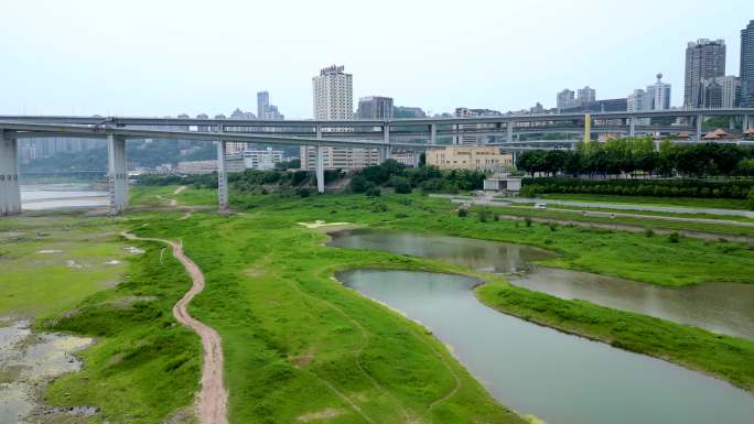 珊瑚坝 长江河滩草原航拍4K