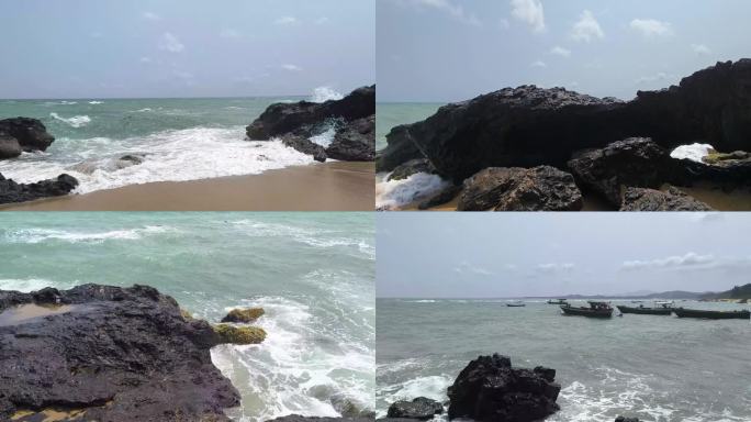 海南山钦湾汹涌的激浪拍打礁石和燕子洞景观