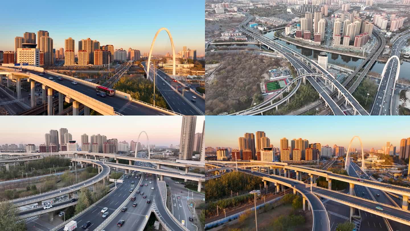 4K航拍-冬季夕阳照射下的天津北营门桥