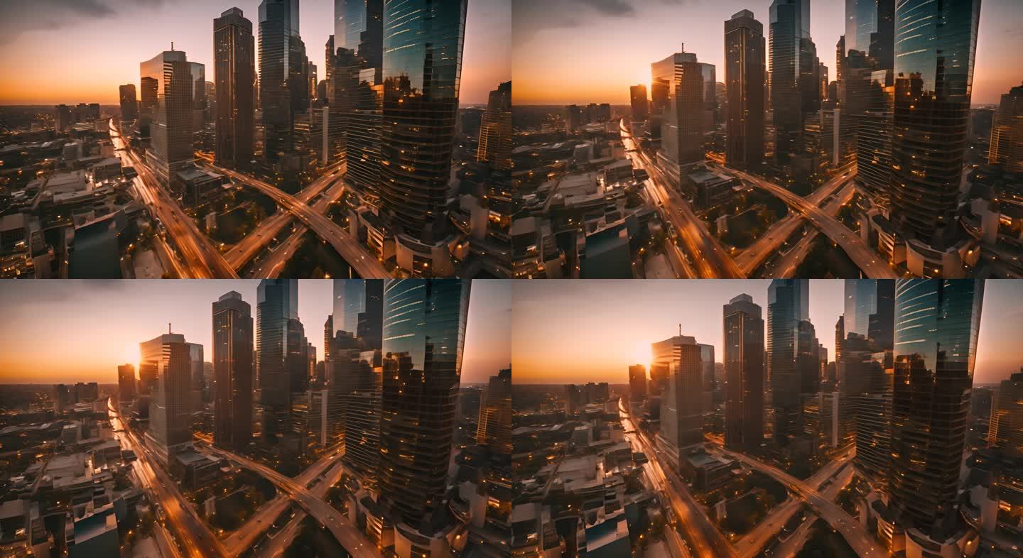 摩天大楼市中心城市日落