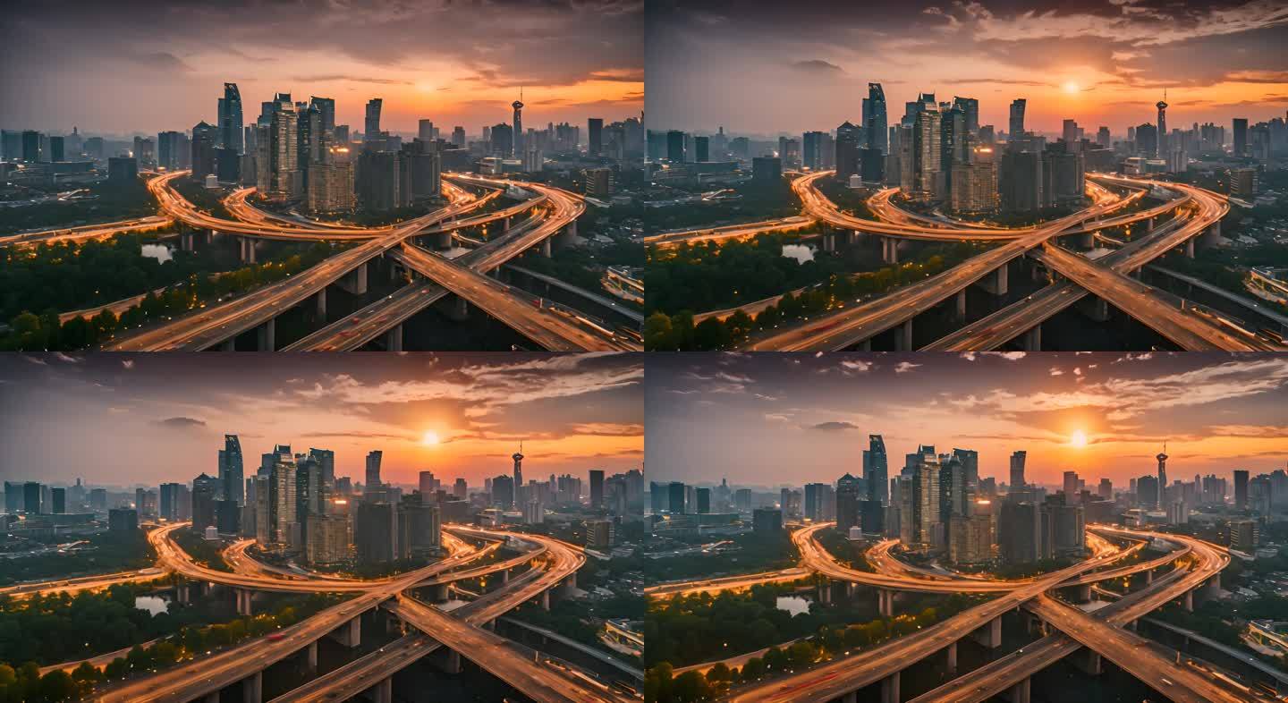 中国日落时的市中心天际线