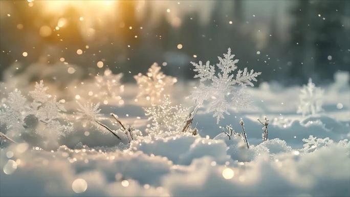 冬天雪花雪景下雪天冰晶雪花特写空镜头唯美