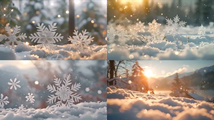 冬天雪花雪景下雪天冰晶雪花特写空镜头唯美