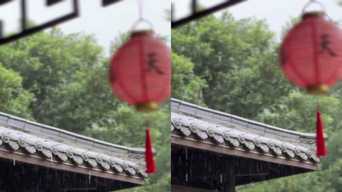 古风建筑下雨屋檐阴天