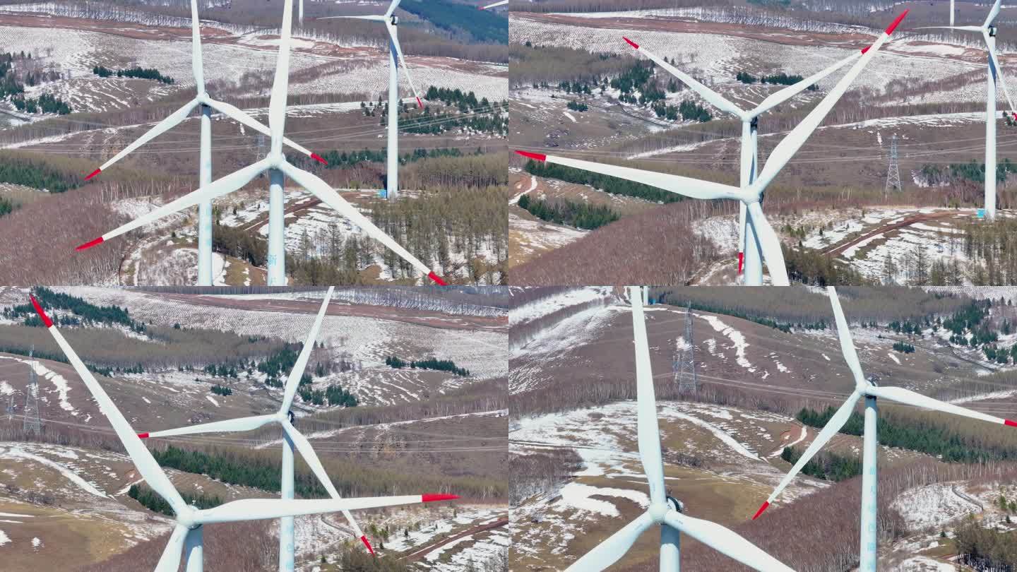4k航拍河北承德雪后的塞罕坝林场风力发电