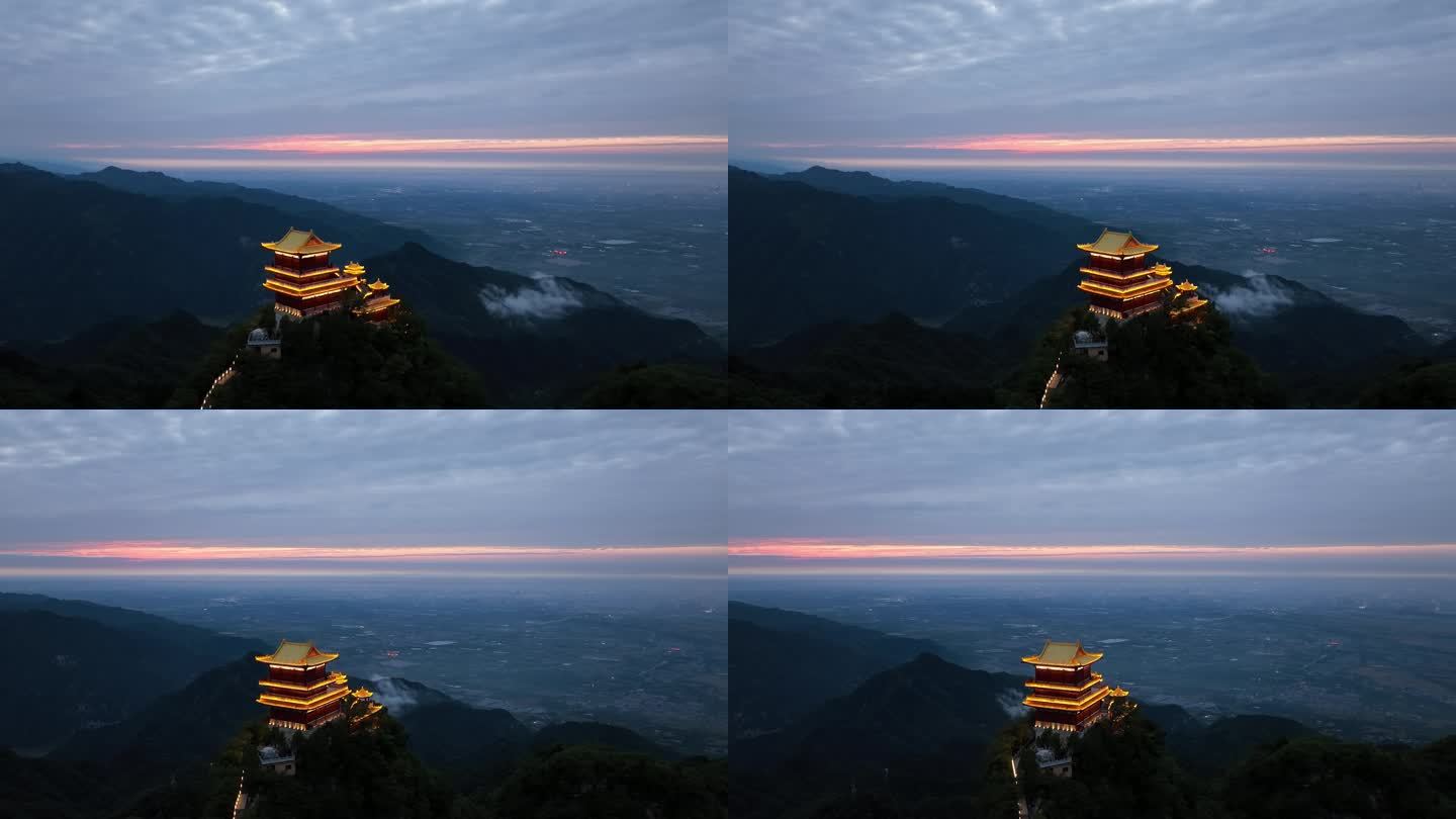 航拍西安地标秦岭终南山南五台日落火烧云