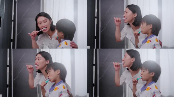 和孩子一起刷牙的妈妈