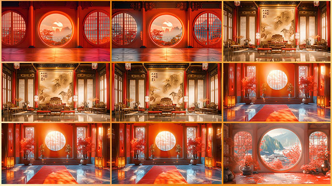 中式古风室内场景 朱红色的厅堂舞台背景