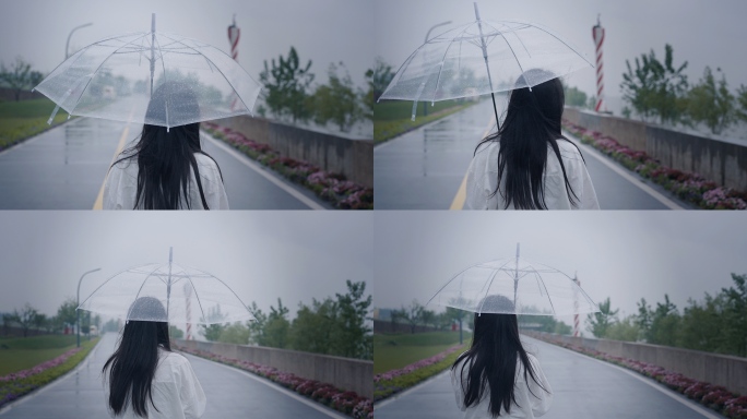 雨天女孩撑伞走在路上伤感抑郁情绪