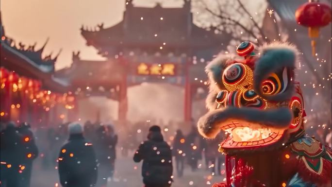 新年喜庆舞狮表演过年春节烟花节日龙年ai