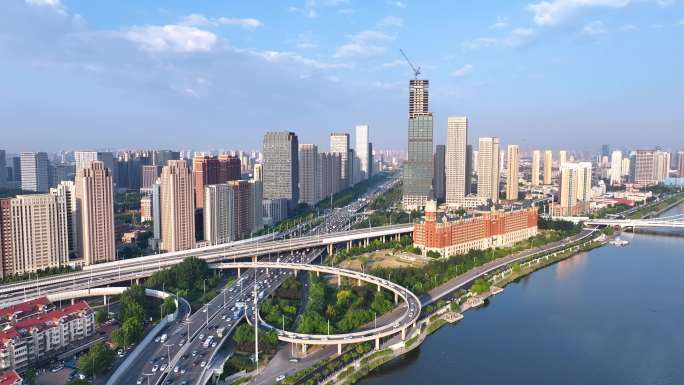 4K航拍-天津海津大桥周边建筑