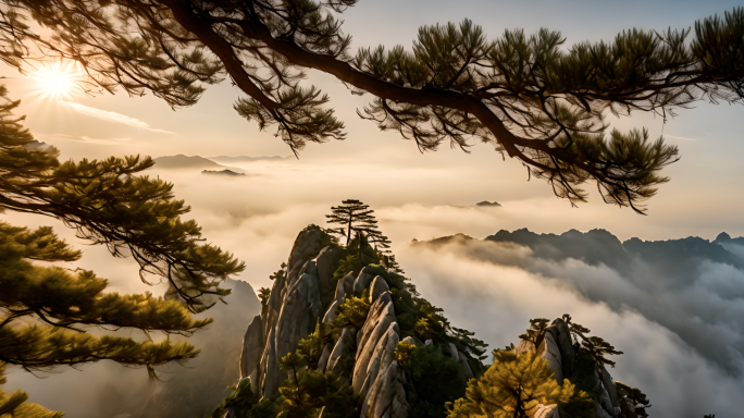 航拍黄山奇石迎客松