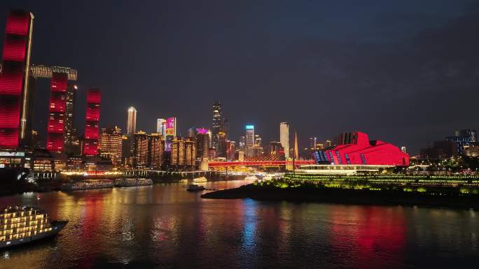 重庆朝天门嘉陵江长江游船夜景航拍