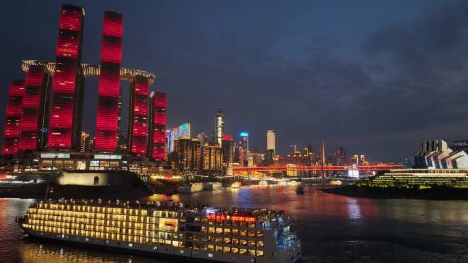 重庆朝天门嘉陵江长江游船夜景航拍