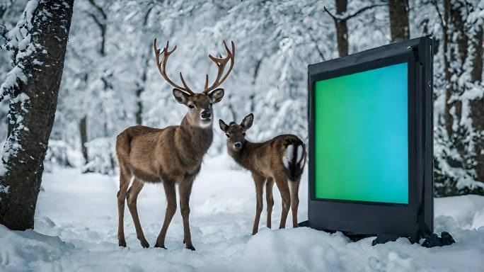 小鹿 驯鹿动物树林雪地雪景