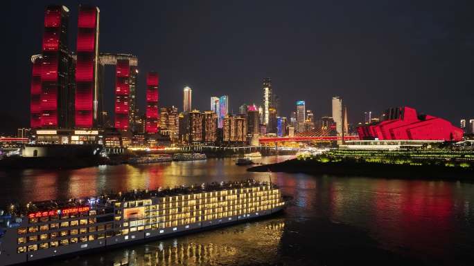 重庆朝天门嘉陵江长江游船夜景航拍