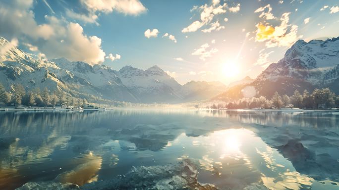 日出雪山湖面湖水云雾