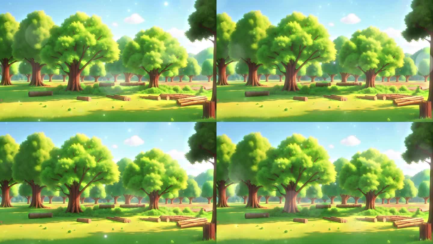 4K唯美梦幻卡通动漫伐木场森林树林背景