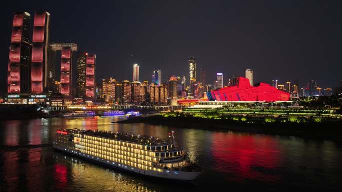 重庆朝天门嘉陵江长江游船夜景航拍