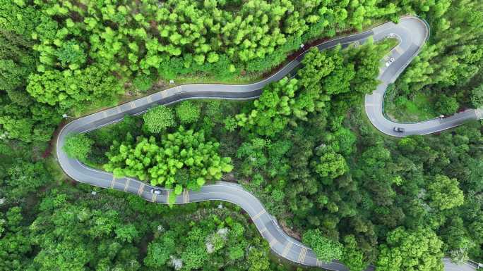 航拍汽车行驶在盘山公路 绿色森林