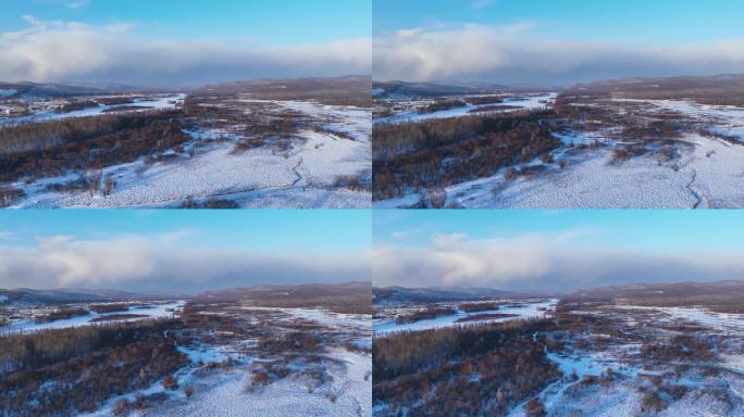 延时航拍大兴安岭冻土森林湿地雪景