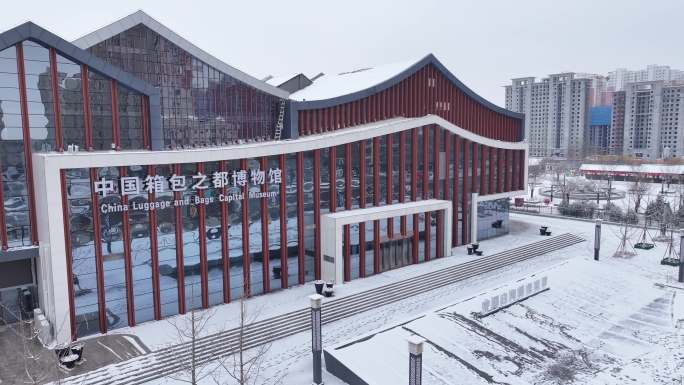 实景航拍雪后中国箱包之都博物馆
