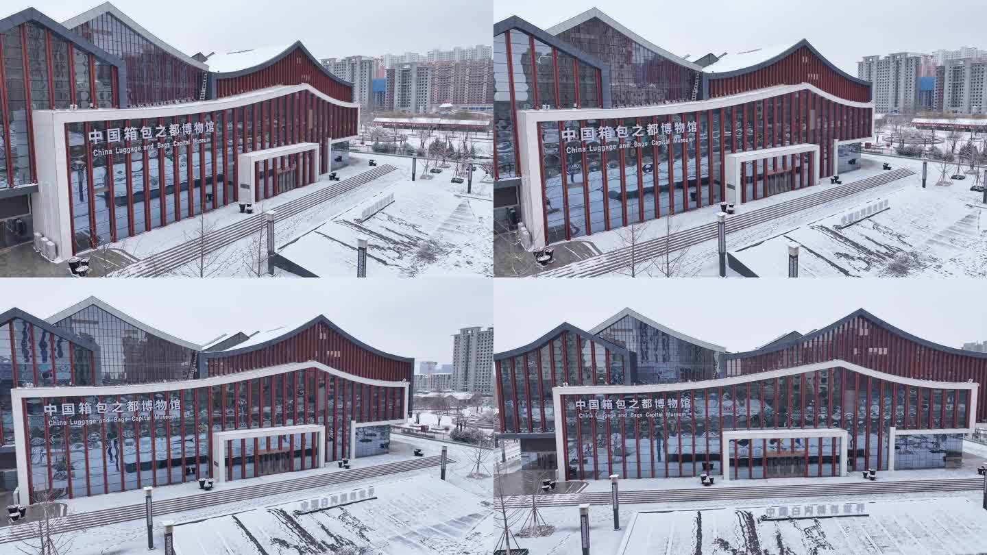 实景航拍雪后中国箱包之都博物馆