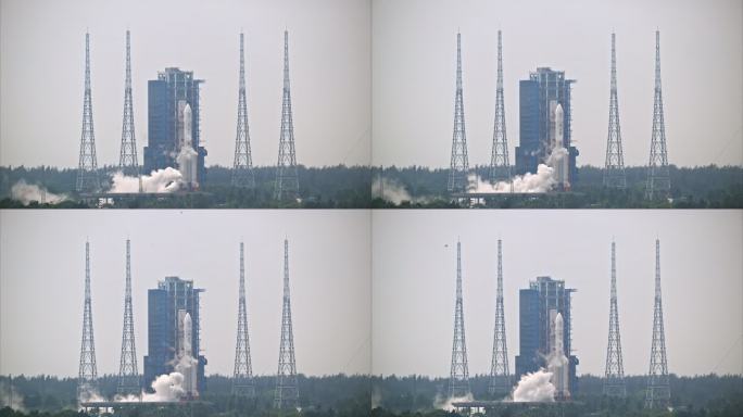 嫦娥六号与长征五号火箭在发射台上加注燃料