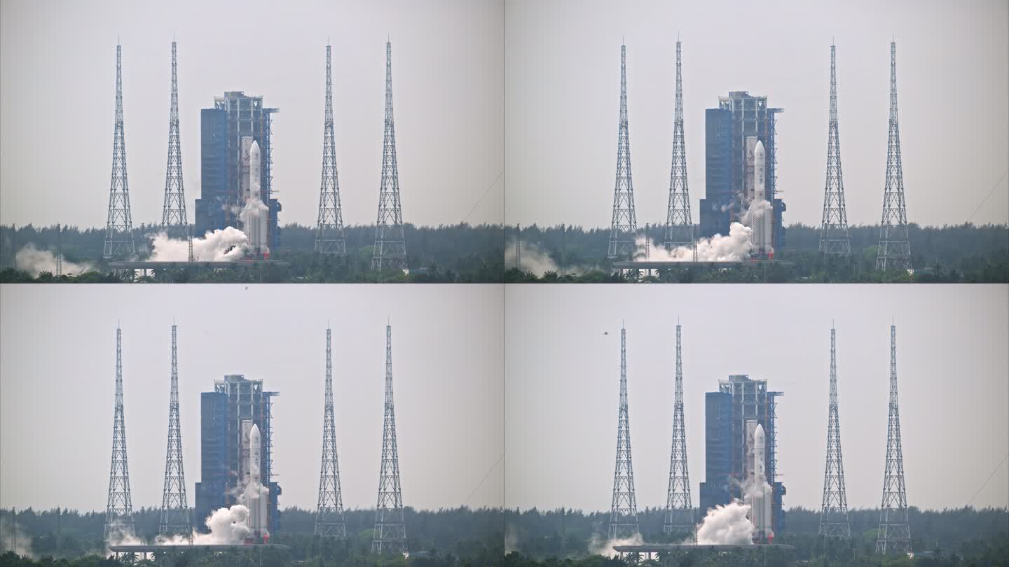 嫦娥六号与长征五号火箭在发射台上加注燃料