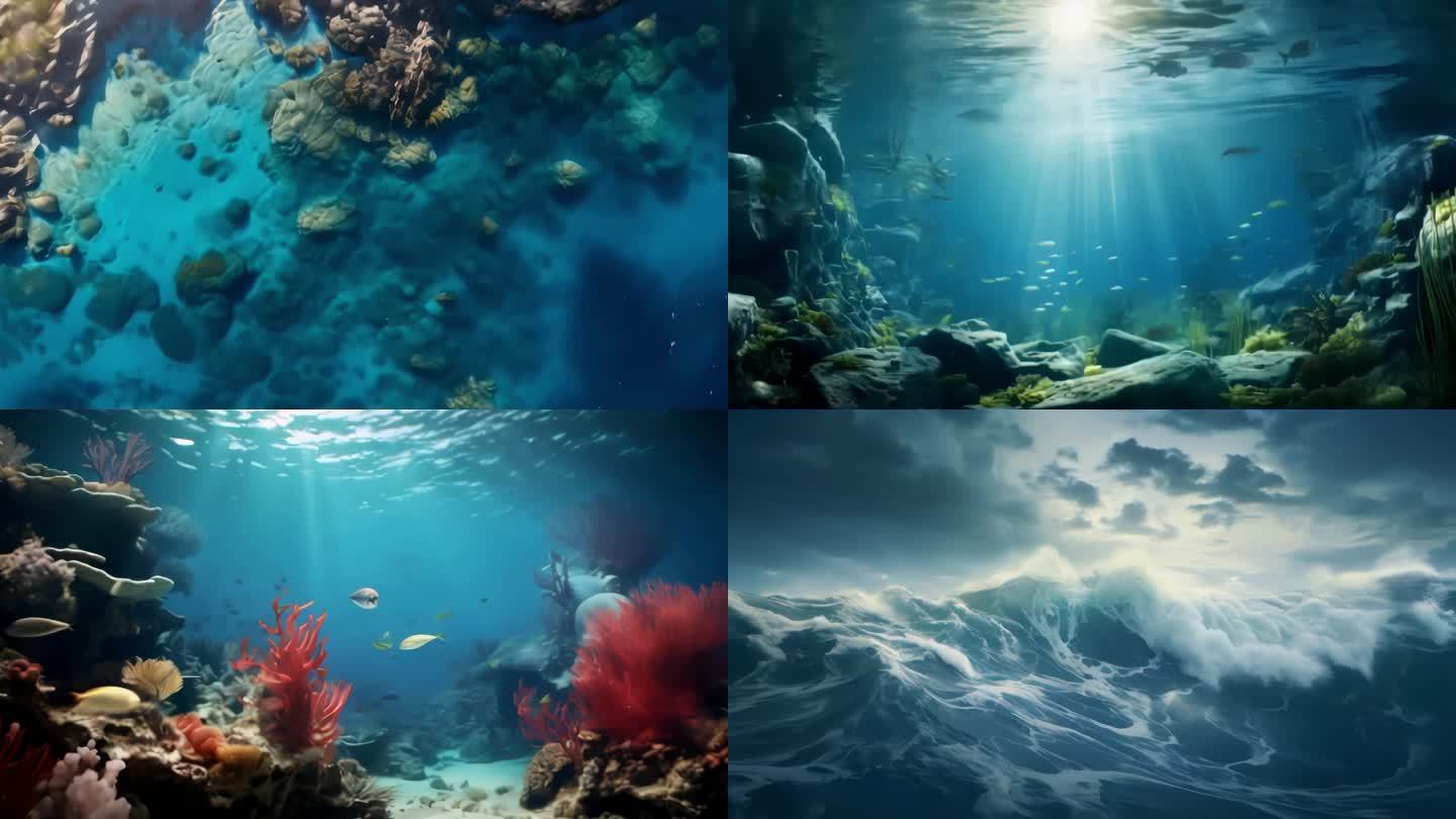海底海洋海浪 大海海水鱼群珊瑚